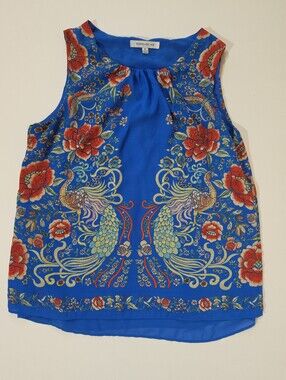 Rose & Olive Sleeveless Peacock Top Womens Medium Blue Orange Floral Boho